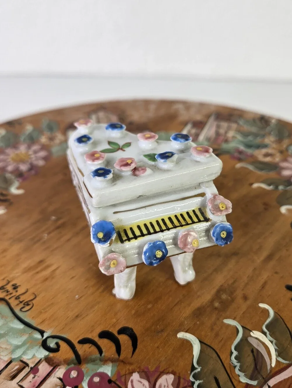 VTG Porcelain Piano Trinket Box Hand Painted Floral Japan Miniature Jewelry Doll